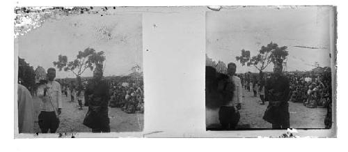 stereo glass slides of Siam; two men at ceremonial gathering
