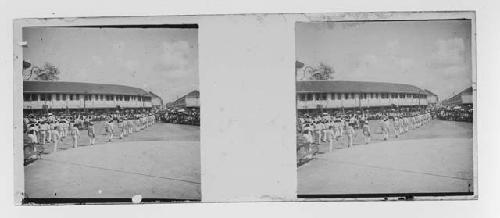 stereo glass slides of Siam; military men marching