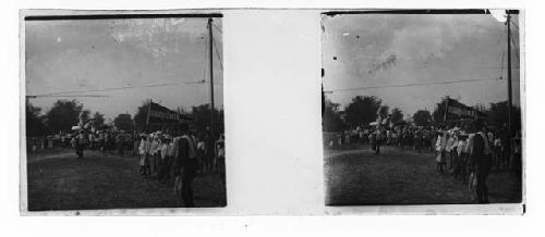 stereo glass slides of Siam; crowd with flag watching event