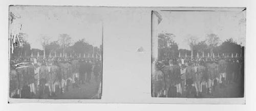 stereo glass slides of Siam; men in helmets marching