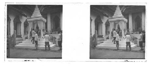 stereo glass slides of Siam; men in white coats standing around tent