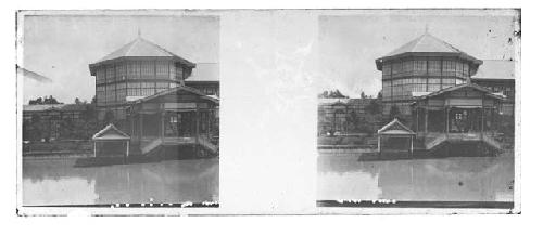 stereo glass slides of Siam; exterior of round building