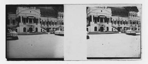 stereo glass slides of Siam; exterior of building with stairway