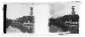 stereo glass slides of Siam; river scene, round temple in backgroun