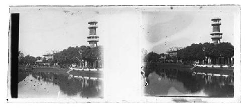 stereo glass slides of Siam; river scene, round temple in backgroun