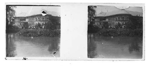 stereo glass slides of Siam; structure next to water