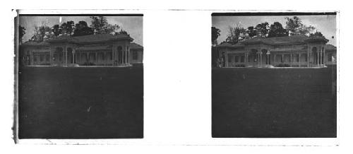 stereo glass slides of Siam; decorative building with ornate porch