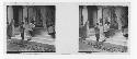 stereo glass slides of Siam; men kneeling next to man inside tent