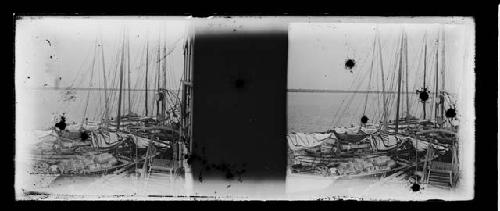 stereo glass slides; boats with masts at dock