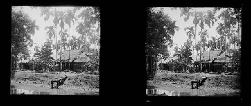 stereo glass slides; rural house with small dock in front