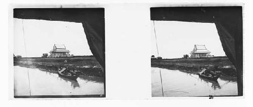 stereo glass slides; house and boat on waterway