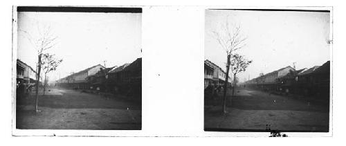 stereo glass slides; empty rural street scene, buildings on left