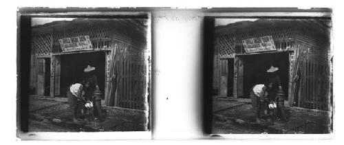 stereo glass slides; 2 people at water pump, Woo Weng Long Liver Stables sign