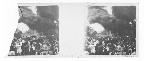 stereo glass slides; BROKEN SLIDE: crowd watching smoke in distance