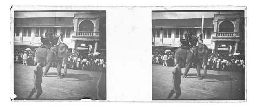 stereo glass slides; people riding elephant in street