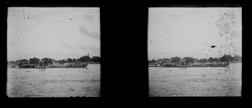 stereo glass slides; boats at waterfront on river