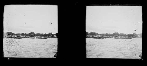 stereo glass slides; waterfront scene along river