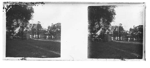 stereo glass slides; men in white uniforms standing in field