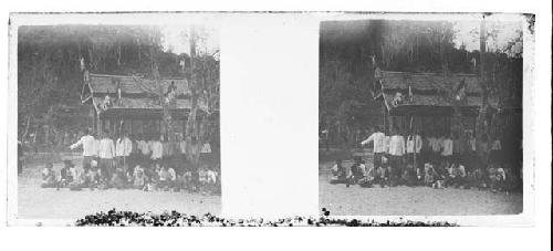 stereo glass slides; people gathered on beach, shelter in background