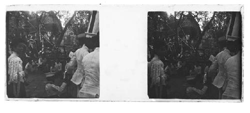 stereo glass slides; closeup of men and women gathering in town square