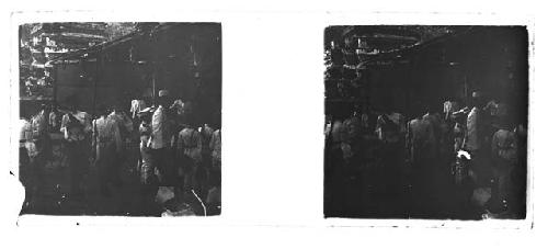 stereo glass slides; men and women in street, faded view