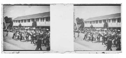 stereo glass slides; people at outdoor gathering