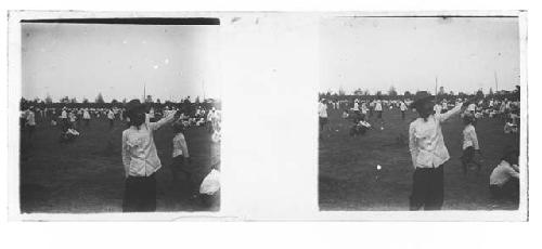 stereo glass slides; men in white jackets in field