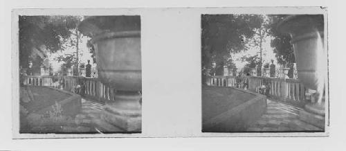 stereo glass slides; two men sitting on veranda