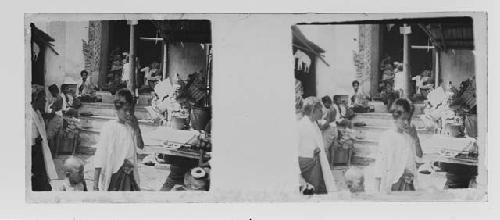 stereo glass slides; boy in alley, people in background