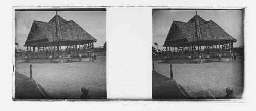 stereo glass slides; outdoor platform with thatched roof