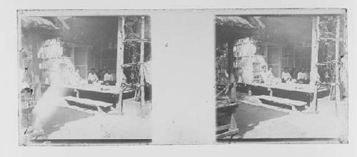 stereo glass slides; people seated on porch in entryway