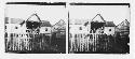 stereo glass slides; hut on stilts, people on porch