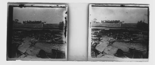 stereo glass slides; overlooking small boats at dock