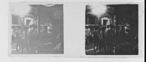 stereo glass slides; men and women in white shirts/blouses on street