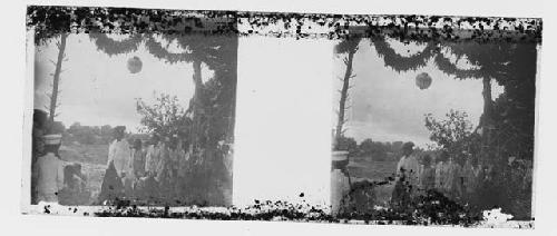 stereo glass slides; women in white shirts, man in white hat on right