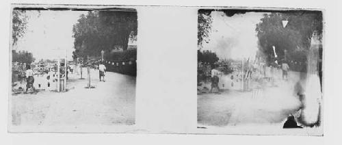 stereo glass slides; street scene, poorly processed