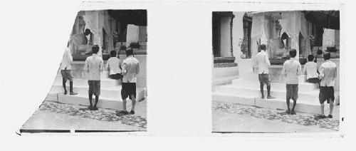 stereo glass slides; BROKEN, men in white coats viewing man on platform