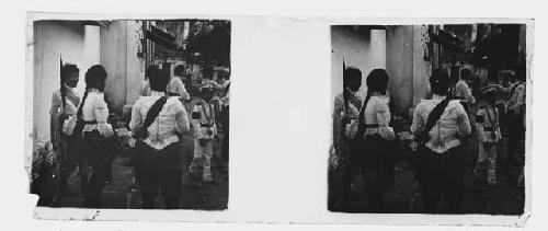 stereo glass slides; uniformed men gathered outdoors