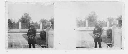 stereo glass slides; uniformed military man posed outdoors