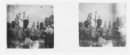 stereo glass slides; decorated men in uniform on street