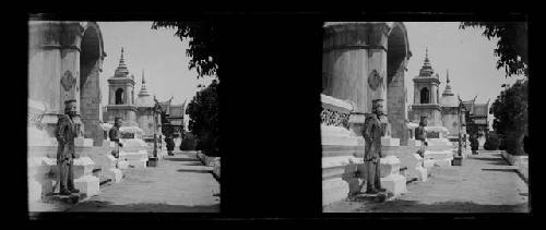 stereo glass slides; statues on walkway, temples in distance