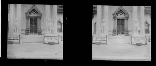 stereo glass slides; ornate entryway with figurines in foreground