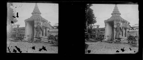 stereo glass slides;  PEELING EMULSION shrine with statue in foreground