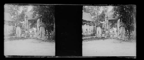 stereo glass slides; outdoor garden scene with doorway in backgroun