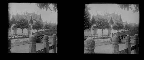 stereo glass slides; bridge at waterway, ornate rooftop in distance