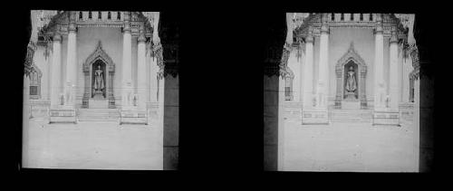 stereo glass slides; statue inset in shrine, figurines in foreground