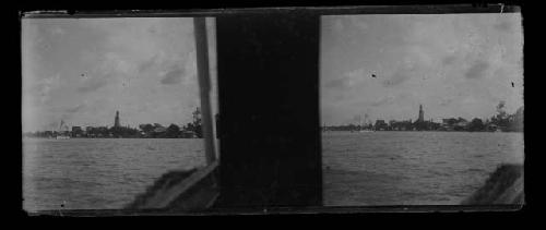 stereo glass slides; water view of shoreline, temple in distance