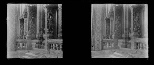 stereo glass slides; interior of shrine or temple, statues and ornate figures