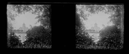 stereo glass slides; leaves framing palace view