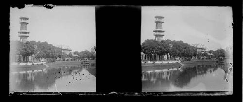 stereo glass slides; PEELING EMULSION river view to buildings,monument behind